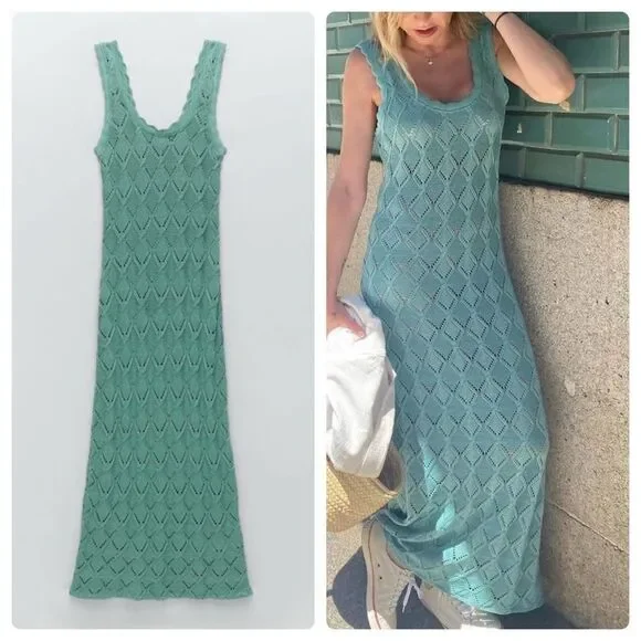 Long Crochet Dress Zara Washed Green